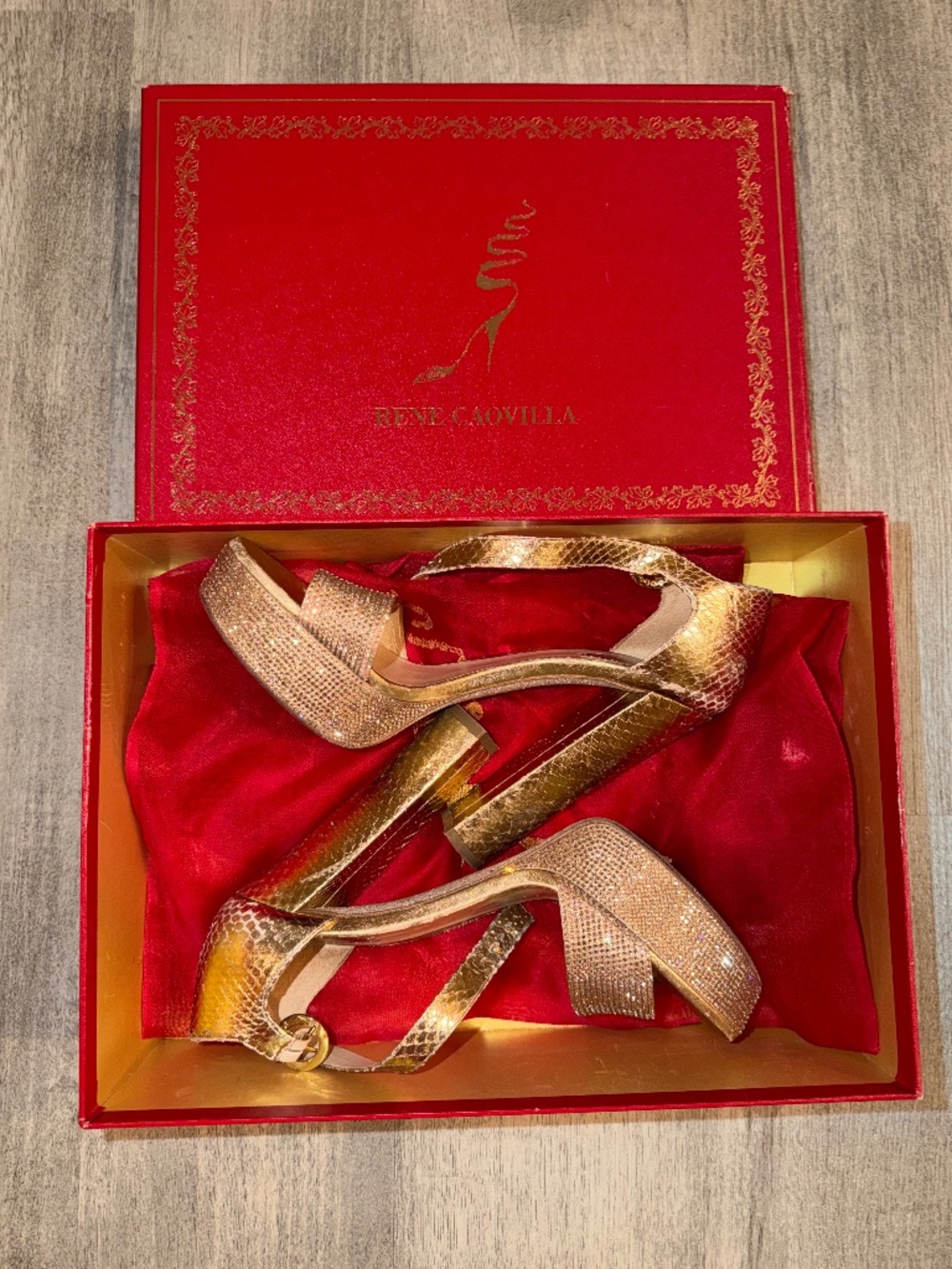 Rene Caovilla Gold Crystal Platform Heels